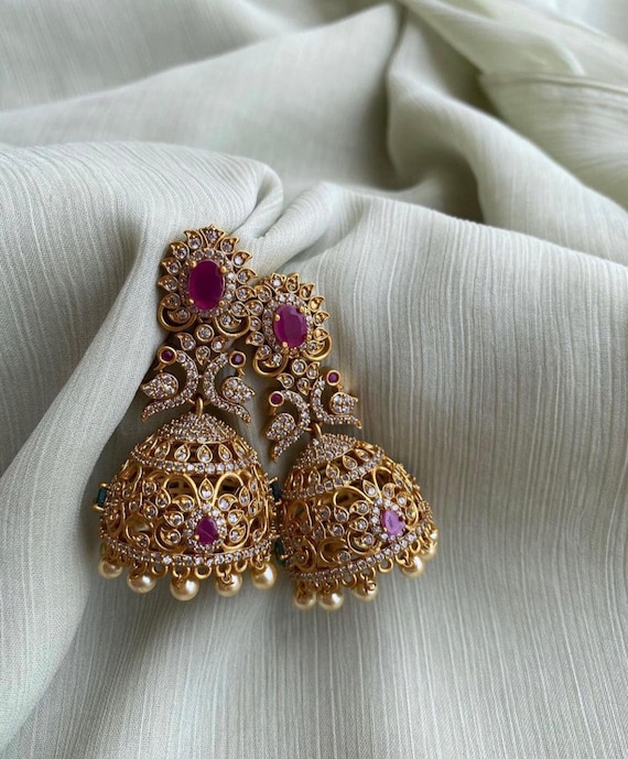Buy TEMPLE JHUMKA Kemp Ruby Color Stones Jhumka Earrings/light