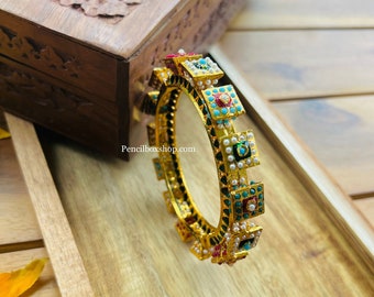 Multicolor Pearl Square Jadau Kundan Rajasthani Openable Single Bangle