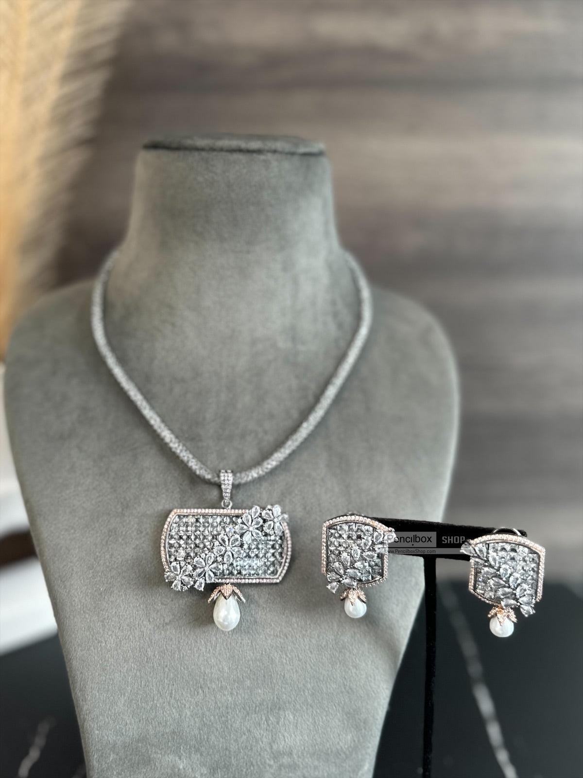 American Diamond Victorian invisible Premium Flower pendant set,indian jewelry set,pendant set,desi jewelry set,CZ PENDANT SET