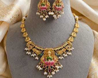 Lakshmi ji målat etniskt tempelhalsband set Desi smycken Indiskt smyckeset Tempelsmycken