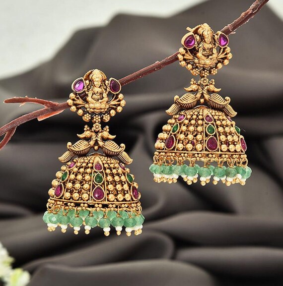 Lakshmi Ji Peacock Multicolor Kemp Stone Indian Ethnic Jhumka