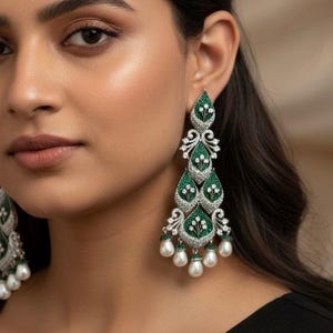 May include: Elegant chandelier earrings with a cascading design. The earrings feature emerald green and clear gemstones set in a silver-tone metal. White pearl drops hang from the bottom of each earring, adding a touch of sophistication.