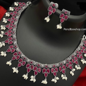 Oxidised necklace set, Indian Jewelry,Indian Necklace Pakistani Jewelry,silver lookalike necklace,oxidized jewelry, silver jewelry,gift