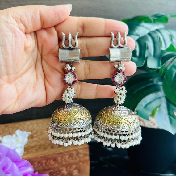 German Silver Trishul Pearl Dual Tone Jhumka Earrings,jhumka