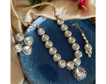 Premium Quality Maharani Uncut Polki Kundan Silver Foiled single layer Necklace set