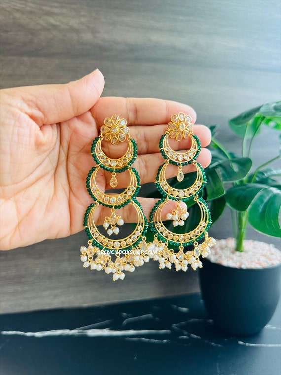 14K Gold Plated Green Three Layered Chandbali Jhumka earrings desi jhumkas long earrings Unique earrings indian jhumkas indian Earrings
