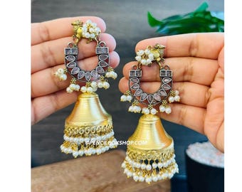 Orecchini jhumka simili a rosa Nandi Golden Silver, desi jhumkas, jhumka indiani, bollywood jhumkas, orecchini indiani, gioielli ossidati