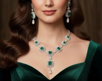 American Diamond Necklace Set / CZ Necklace/Indian Jewelry/ Reception Jewelry/ Bollywood Jewelry/Silver green