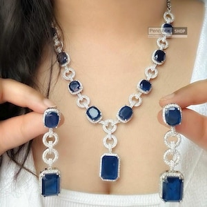 American Diamond Necklace Set / CZ Necklace/Indian Jewelry/ Reception Jewelry/ Bollywood Jewelry/Silver Blue