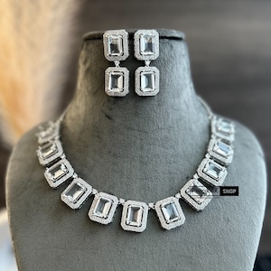 Indian white CZ Necklace Set Indian Jewelry American Diamond Necklace Pakistani Jewelry Punjabi Jewelry Indian Necklace bridal jewelry