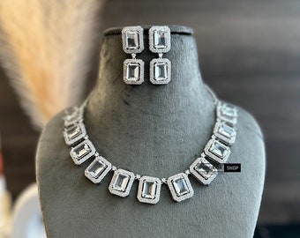 Indian white CZ Necklace Set Indian Jewelry American Diamond Necklace Pakistani Jewelry Punjabi Jewelry Indian Necklace bridal jewelry