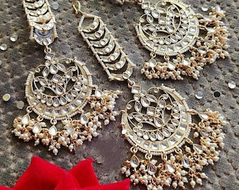 Kundan Pearl Long Hanging Jhumki Earrings, pearl earrings ,Indian jewelry Earrings,Jhumka earrings,kundan Earrings, maangtikka,