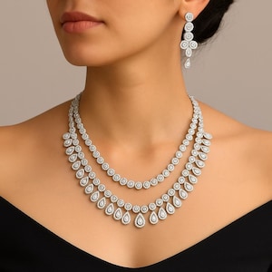 Silver CZ Layered Necklace Set – Indian Wedding Jewelry, American Diamond Bridal Jewelry, Pakistani Jewelry for Women