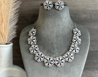 Anaya Flower Victorian White American Diamond Necklace set,cz jewelry set,India wedding set,indian bridal necklace set,jewelry set
