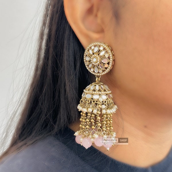 Baby Pink Mirror jhumkas,indian earrings,desi jhumkas,mirror earrings,Indian jewelry,desi earrings,sheesha earrings,bollywood earrings