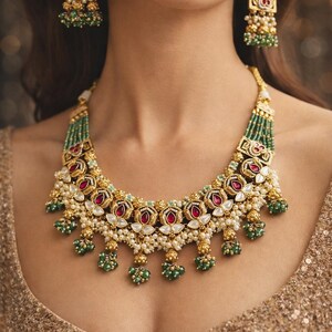 Rajwadi Layered Pearl Ruby Green Necklace Temple Set indian jewelry Desi jewelry set Kundan jewelry set