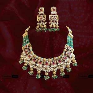 Rajwadi Layered Pearl Ruby Green Necklace Temple Set