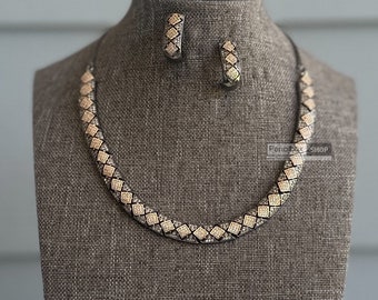 Victorian Black Finish Hasli American Diamond Dainty Necklace set,indian jewelry set,indian wedding set,pakistani jewelry,Cz diamond set
