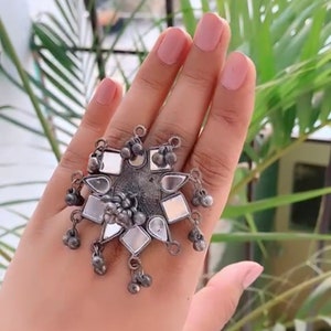 Afghani Silver mirror Oxidized,Ghunghroo Finger Ring, Adjustable Ring,Indian Bollywood Jewelry,Statement Ring