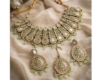 CLEARANCE Mirror Heavy Mint golden necklace set,indian jewelery,mirror jewelry,indian jewelrybollywood jewelry,desi jewelry