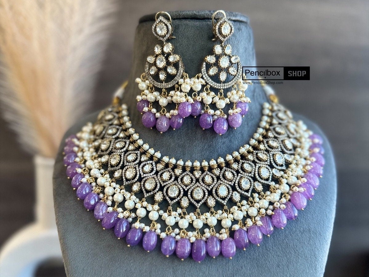 Bridal Necklace Dark Purple Jewellery Set Purple Apurna Kundan