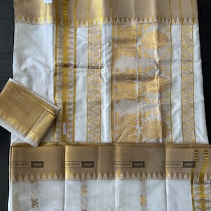 Onam Special Ivory Golden Lotus Cotton Kerala saree,Kerala saree,kasavu saree,onam saree,indian sarees,indian clothing