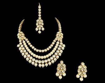 White Pearl Layered Long Kundan back Meenakari Necklace set