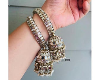 Antique Gold Mirror Pearl Jhumka Bangles Set(2 Pc)/Indian bangles/Punjabi Pearl bangles Set/Bridal bangles/wedding jewelryLatkan bangle