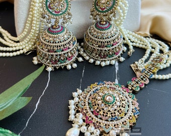 Multicolor Big Jumbo Bahubali pearl jhumki earrings with maangtikka,jhumka earrings,indian earrings,jhumkas,desi jhumkas,women earrings