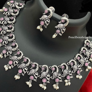 German silver Hanging Beads Pearl peacock stone necklace set,oxidised jewelry set,oxidised necklace set,Indian jewelry set,Indian necklace