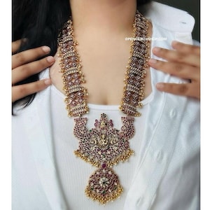 Lakshmi ji Guttapusalu Pearls multicolor Real Kemp Stone Golden beads Haram Temple Necklace set Jewelry