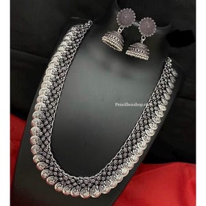 Silver oxidised necklace set,silver haram long necklace set,navratri necklace set,indian necklace set,desi jewelry set