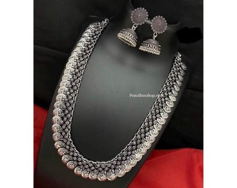 Silver oxidised necklace set,silver haram long necklace set,navratri necklace set,indian necklace set,desi jewelry set