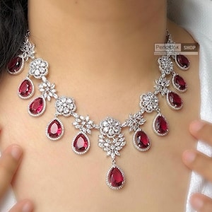 Indian necklace set,cz necklace set,ruby necklace set,desi jewelry,Indian jewelry,indian wedding jewelry set,American diamond set