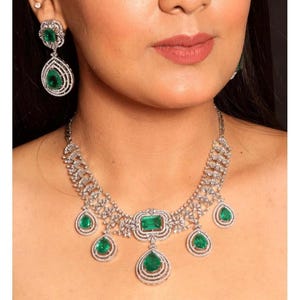 Green Doublet Silver Cz Statement Designer American Diamond Necklace set