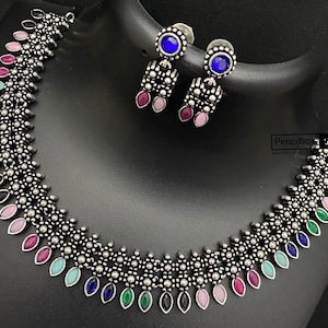 German Silver Simple stone Dainty tear drop Necklace set,oxidised jewelry set,oxidized necklace set,indian jewelry,desi necklace set,garba