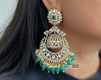 Green Statement Kundan Cz Premium Double jhumka Earrings,kundan earrings,Indian jhumkas,women earrings,indian earrings,wedding jhumkas