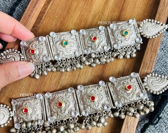 Oxidized Silver Jewelry,choker Necklace,Ruby,Green Stones Oxidised choker,Indian Bollywood Necklace,Indian Jewelry