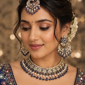 Set di collana Aarohi Royal Blue Golden Polki con set di collana Maangtikka Polki, set di gioielli Kundan, gioielli da sposa