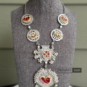 Red - Navratri Special! German Silver Shell & Thread Beads Necklace Set 06