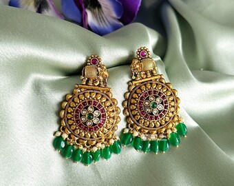 Elephant Kemp Stone Temple Amrapali Ethnic Earrings