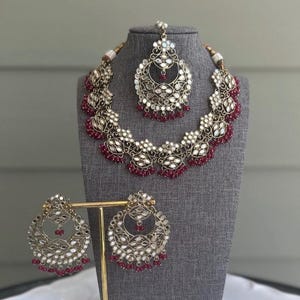 Ruby Antique Mirror Necklace Set with Chaandbali & Tikka | Kundan Mirror Jewelry | Indian Bridal Jewelry | Pakistani Jewelry | Desi Wedding