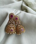 TEMPLE JHUMKA Kemp Ruby Stones Jhumka Earrings/Light weight /Antique Gold Finish/Indian Jewelry/desi jewelry / indian jhumkas
