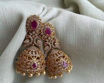 TEMPLE JHUMKA Kemp Ruby Stones Jhumka Earrings/Light weight /Antique Gold Finish/Indian Jewelry/desi jewelry / indian jhumkas