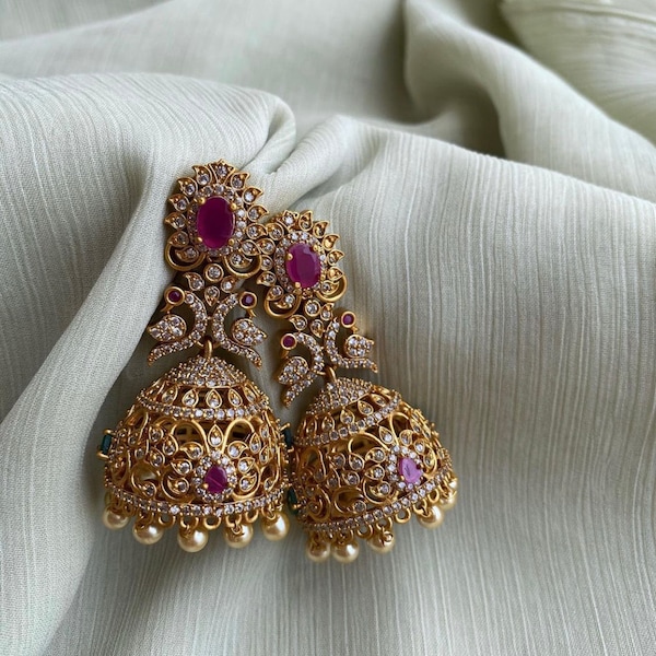 TEMPLE JHUMKA Kemp Ruby Stones Jhumka Earrings/Light weight /Antique Gold Finish/Indian Jewelry/desi jewelry / indian jhumkas