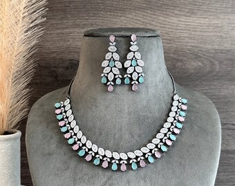 Conjunto de collar indio, conjunto de joyas indias, Kavya Mint rosa victoriano simple delicado conjunto de collar de diamantes americano, conjunto de collar cz, boda india