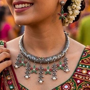 Afghani Ruby Green Black Metal Hasli Necklace set Navratri jewelry German silver jewelry indian jewelry