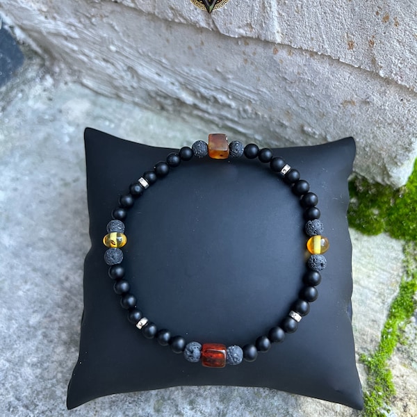 Ambre naturelle / Onyx mat / Pierre de Lave / Argent /Homme Femme / Bracelet fin Ambre baltique