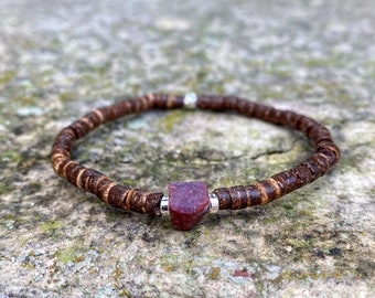 Raw ruby natural nugget/ Coconut wood/ Men Women/ Fine bracelet/ Stone of the month of July/ Minimalist 4mm/ 925 silver