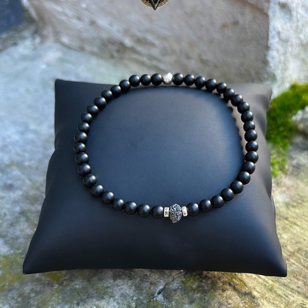 Bracelet homme Diamant Noir brut authentique naturel - Onyx mat - bijoux Argent 925, Pierres noires -bijoux naissance mois d’avril